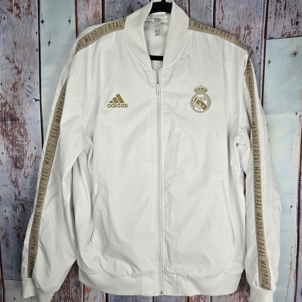 Adidas Real Madrid Track Anthem Jacket Mens L White Gold Full Zip Soccer Hala